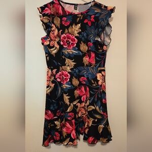 SHEIN Vcay Black Floral Mini Dress with Ruffle Sleeves